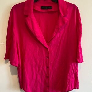 House of Harlow 1960 Linen Blend Button Up Short sleeve Bright Pink Top Medium